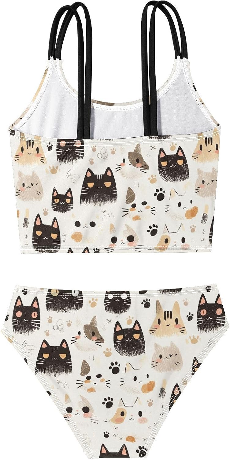 visesunny Girls Two Piece Swimsuits Cartoon Animal Cat Head Girl's Bikini Sets Bathing Suits for Girls Size 5-12Y