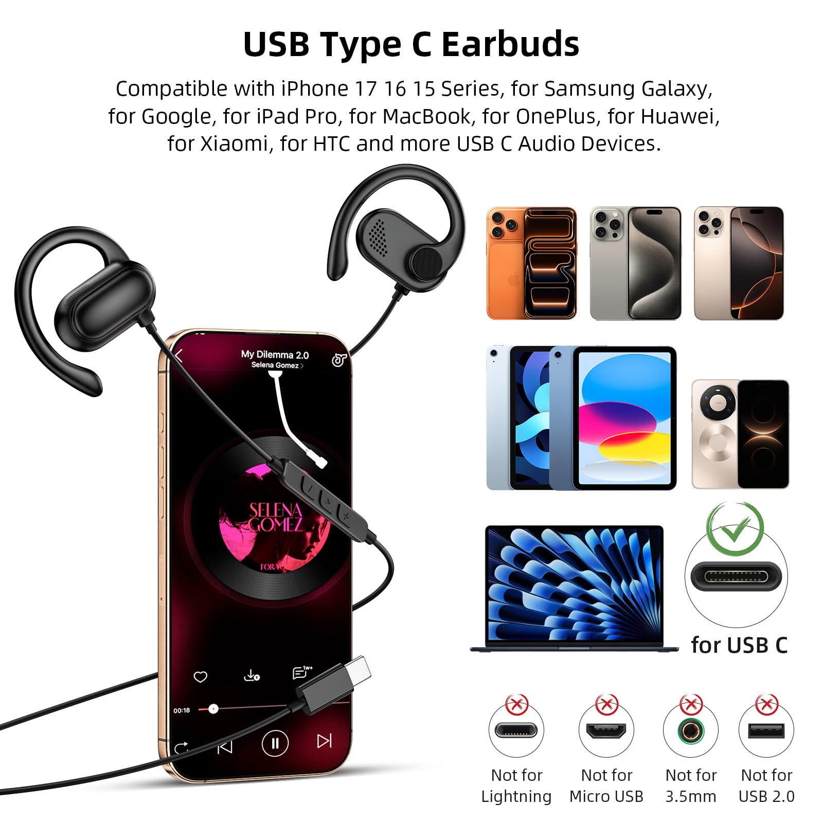 COOYA Écouteurs filaires USB C de type C avec crochet réglable pour Samsung S26 Ultra S25 S23 A17 pour iPhone 17 16 15 Pro Max iPad A16 Air 6 Pixel 10 9 8a pour OnePlus 15 13