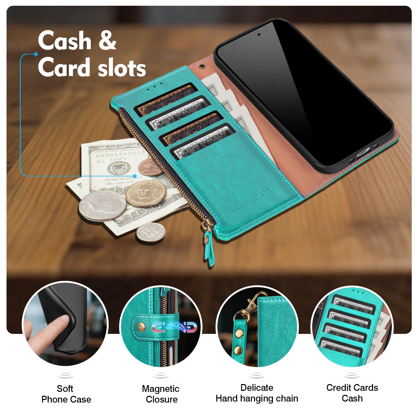 Custodia a portafoglio compatibile con iPhone 13 con porta carte di credito, blocco RFID, cerniera, in pelle PU, con cinturino da polso, slot per carte di credito, uomini e donne, per Apple