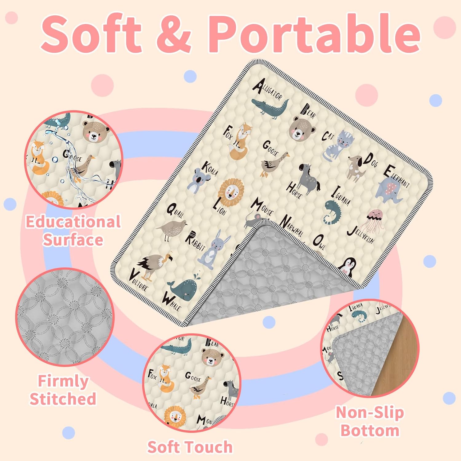 Baby Play Mat for Floor 59x71, Extra Large Soft Portable, Non-Slip Crawling Mat Machine Washable Foldable Playmate for Babies,Toddlers Indoor/Outdoor Use, Alphabet & Animal Design