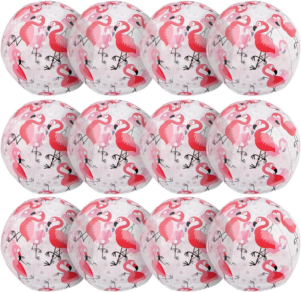 Fun Express Flamingo Print Beach Balls Bulk 12 Pack - Inflatable Pool Toys for Kids & Adults | Hawaiian Luau Party Decorations & Favors | Tropical Beach Party Supplies for Summer Fun Outdoor Play 11"