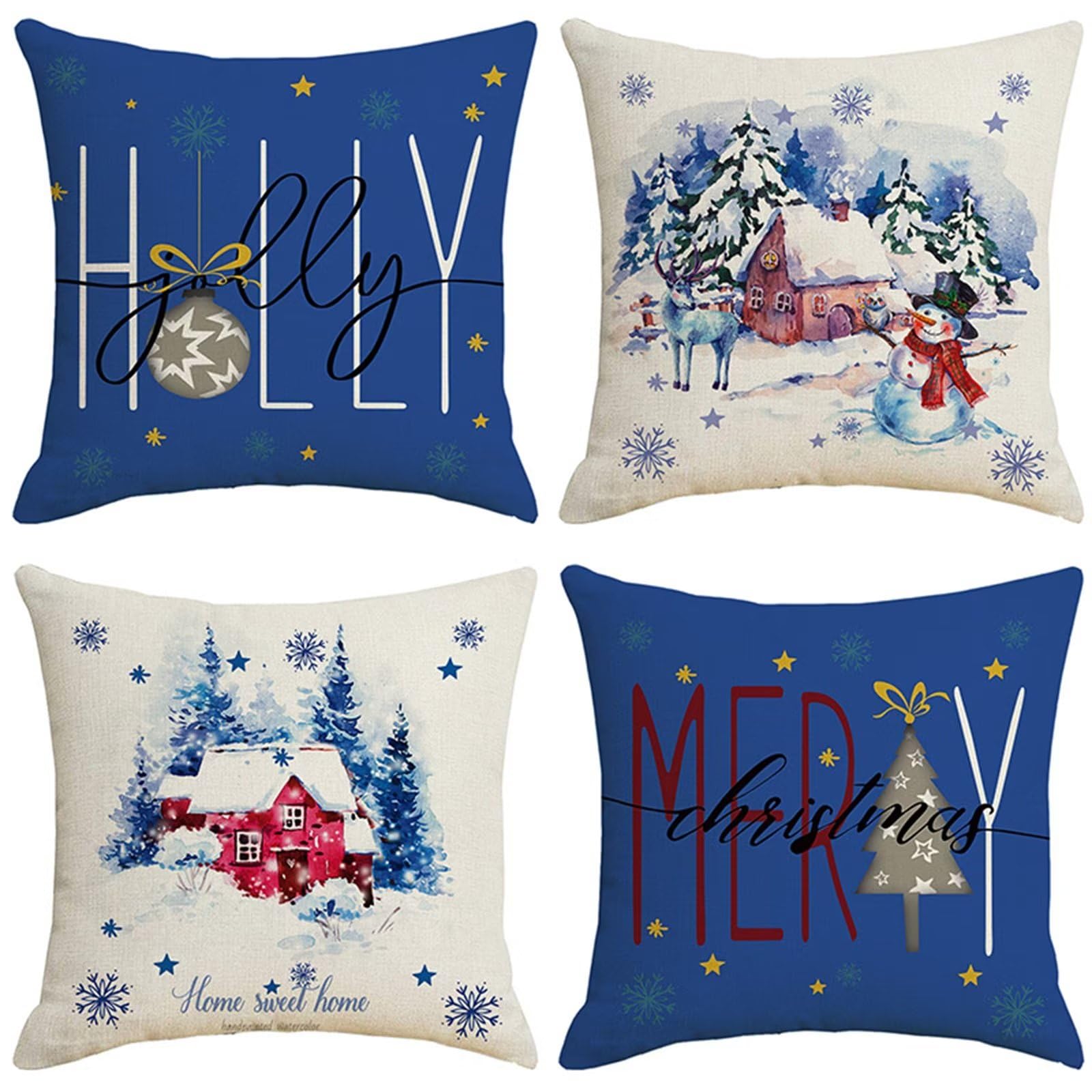 Coussin de Noël 50x50 cm lot de 4 housses bleues modernes pour canapé salon