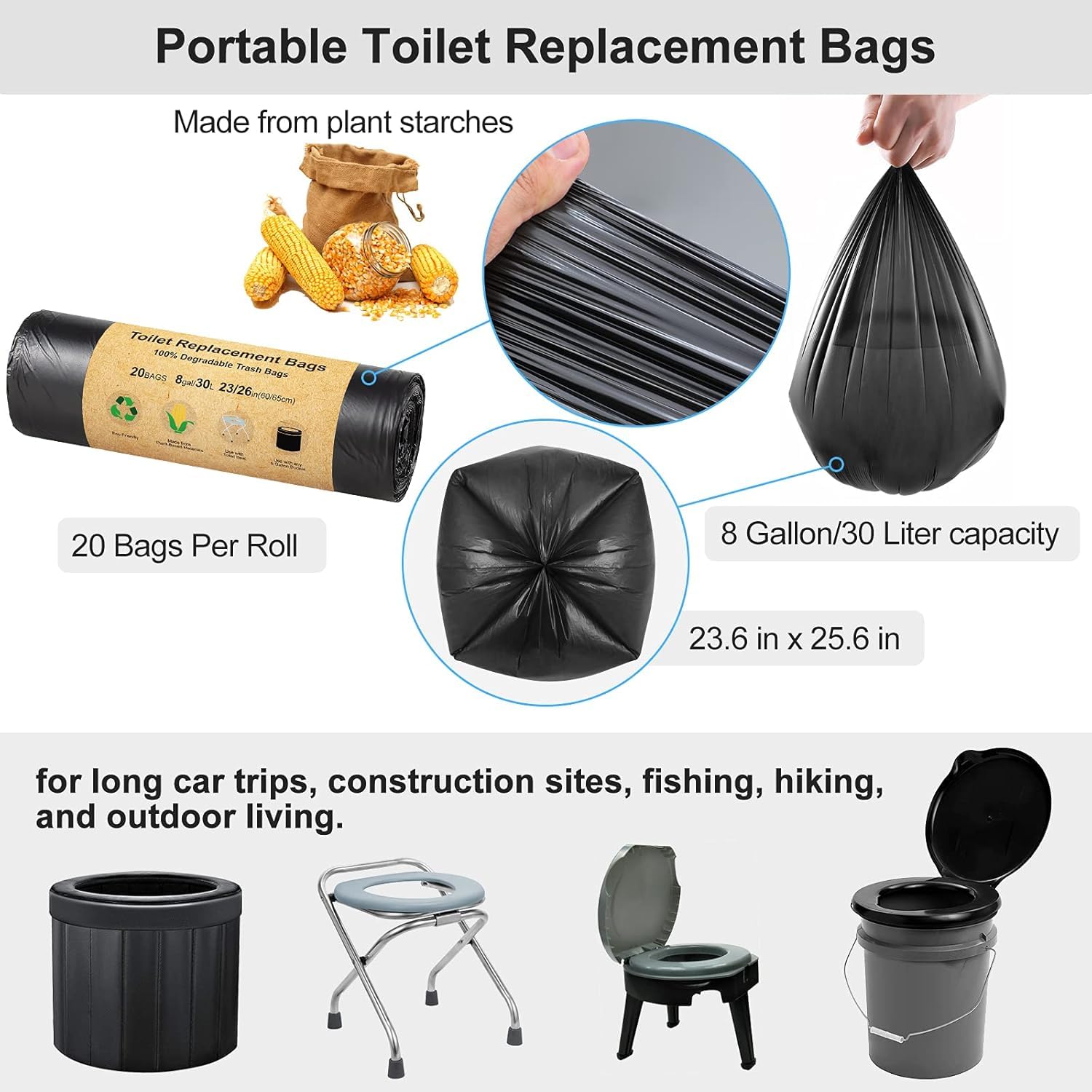 BLIKA WC-Ersatzbeutel, 80 Stück, 30 Liter, strapazierfähig, 1 mil, Kompostbeutel, Camping-Toilettenbeutel für tragbare Toilette, Autoreisen, Camping, lange Reisen