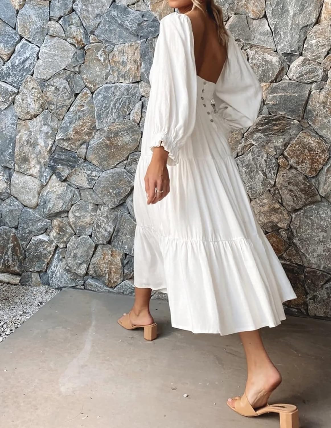 R.Vivimos Women's Fall Cotton Lantern Long Sleeve Square Neck Casual Backless Boho Midi Dress - Image 2