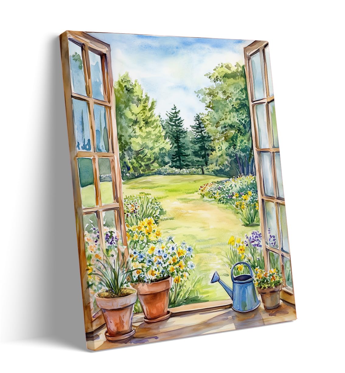 English Cottage Garden Window View Wall Art, Watercolor Floral Canvas Painting, Country Landscape Poster with Flowers for Living Room or Bedroom 60x90cm Frame