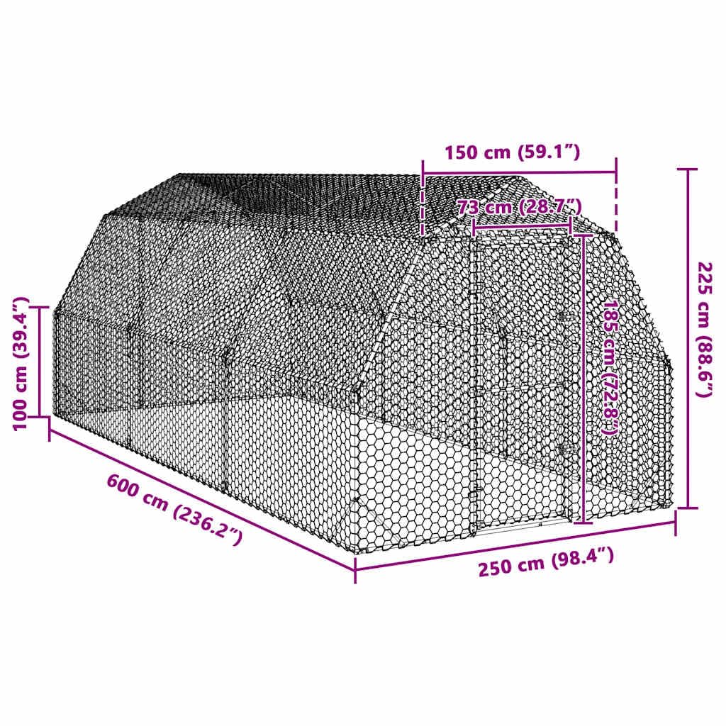 Kurnik z ocynkowanej stali, 2,5 x 6 x 2,25 m, z sześciokątną siatką drucianą, duży wybieg dla kur, kaczek, gęsi, uniwersalny wybieg z zamykanymi drzwiami, do ogrodu i na balkon