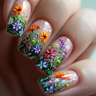 SINHOT Square Press on Nails - Short Fake Nails, Glossy Finish, Daisy Flower & Spring Green, DIY Artificial False Nail Art - 24 Pcs Nail Kit with Glue