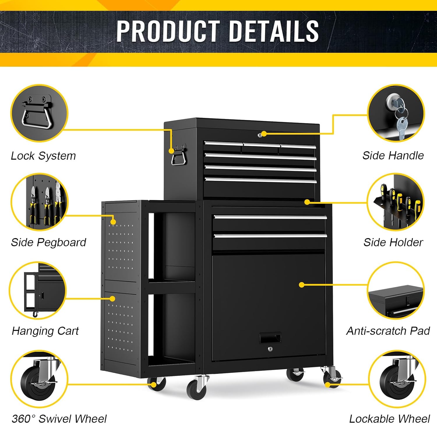 8-Drawers Rolling Tool Chest with Wheels, 3-in-1 Exclusive Tool Box Combo with Removable 4-Tire Utility Cart, 30% Extra Storage Rolling Tool Cabinet for Garage Workshop, 35”W x 13”D x 43”H-Black