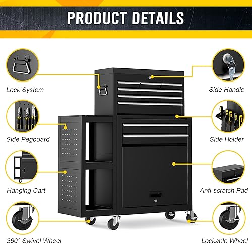 Miniatura 6 de Caja de herramientas con ruedas de 8 cajones con ruedas, exclusiva caja de herramientas 3 en 1 combinada con carrito de utilidad extraíble de 2
