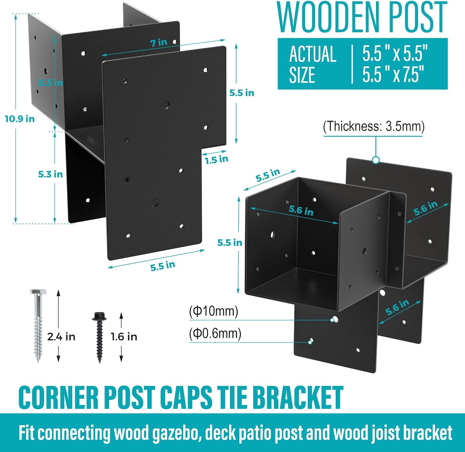 2 Pack Heavy Duty Corner Post Caps Tie Bracket, 6''x6'' (Internal 5.5"x5.5"), Fit Connecting Wood Gazebo, Deck Patio Post and Wood Beams Bracket (Black)