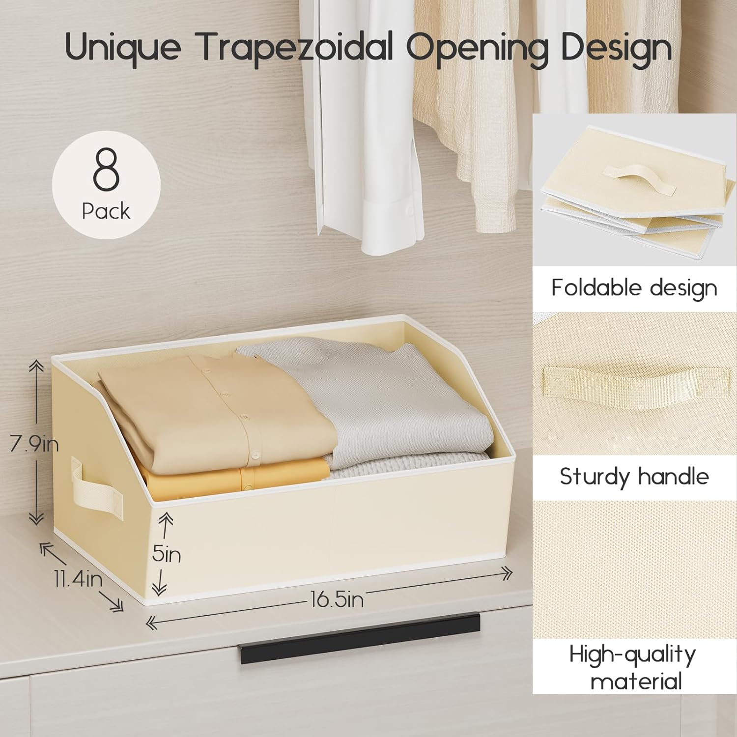 Large Closet Organizers and Storage Bins - 8 Pack Trapezoid Storage Baskets for Shelves, Foldable Fabric Baskets with Handles Ideal for Closet, Basket, Wardrobe and Shelf Storage, Beige