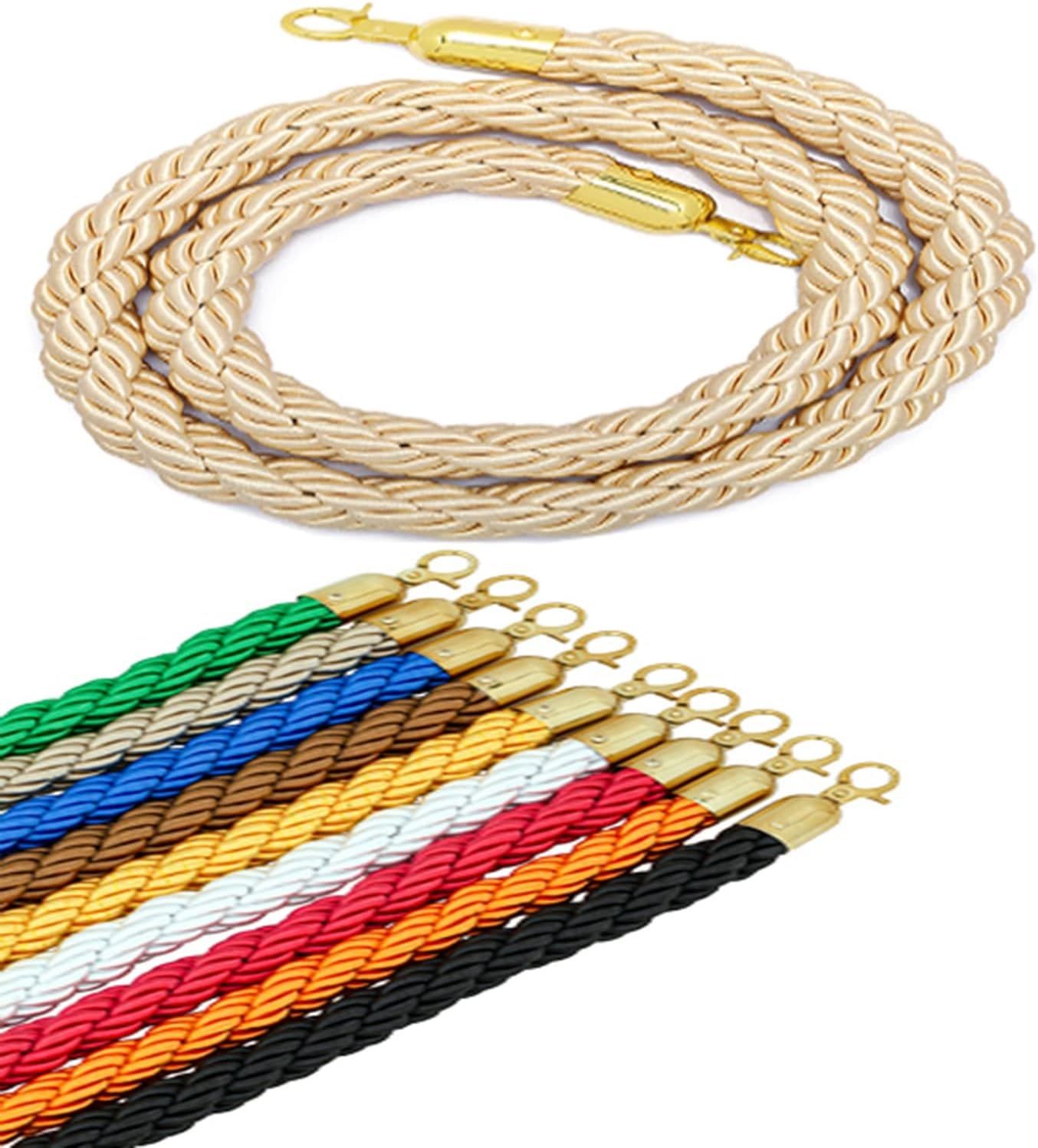 Queue Barrier Ropes with Gold Hook, Crowd Control Stanchion Rope, Braided/Twisted Hemp Rope Barrier for Queue Divider, 3/4/5/8/10Ft Rope Safety Barrier, Crowd Control Rope Queue Line Barrier, 3.2cm (