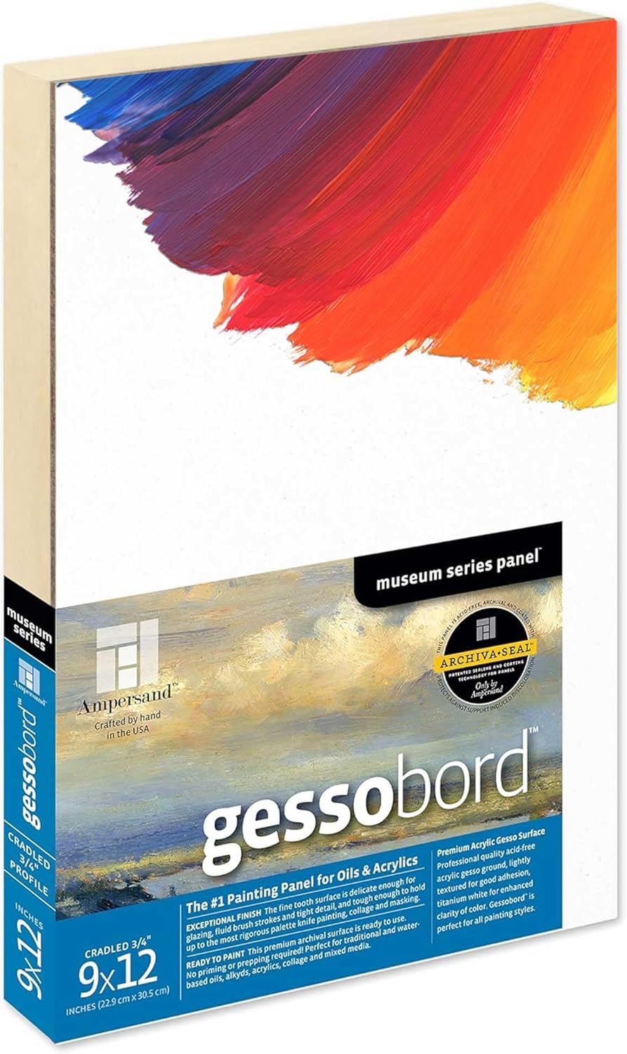 Ampersand Art Supply Museum Series Gessobord | 9x12 | 3/4" Cradled Profile | Gesso Wood Painting Panel for Oil and Acrylic Paint & Mixed Media | Canvas Panel Alternative in Professional Art Supplies