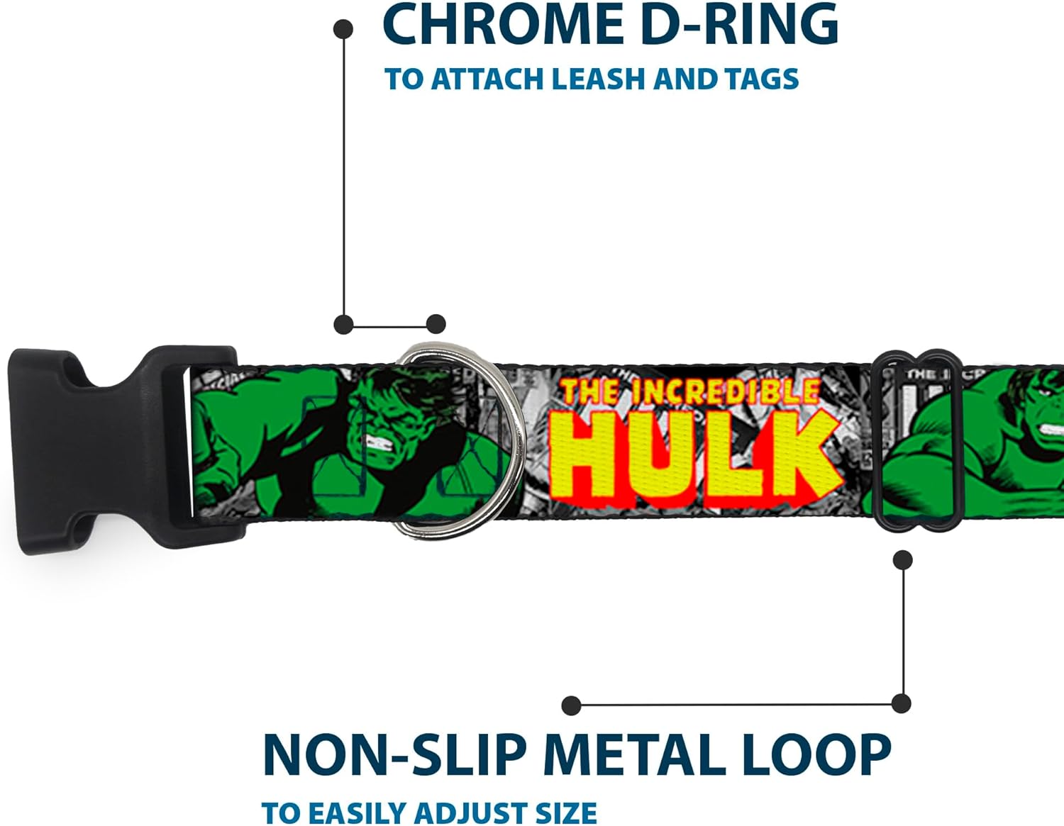Buckle-Down Dog Collar Plastic Clip The Incredible Hulk Action Poses Stacked Comics, Multicolor, 1.5"" Wide - fits 13-18"" Neck - Small (PC-WHU005-WS)