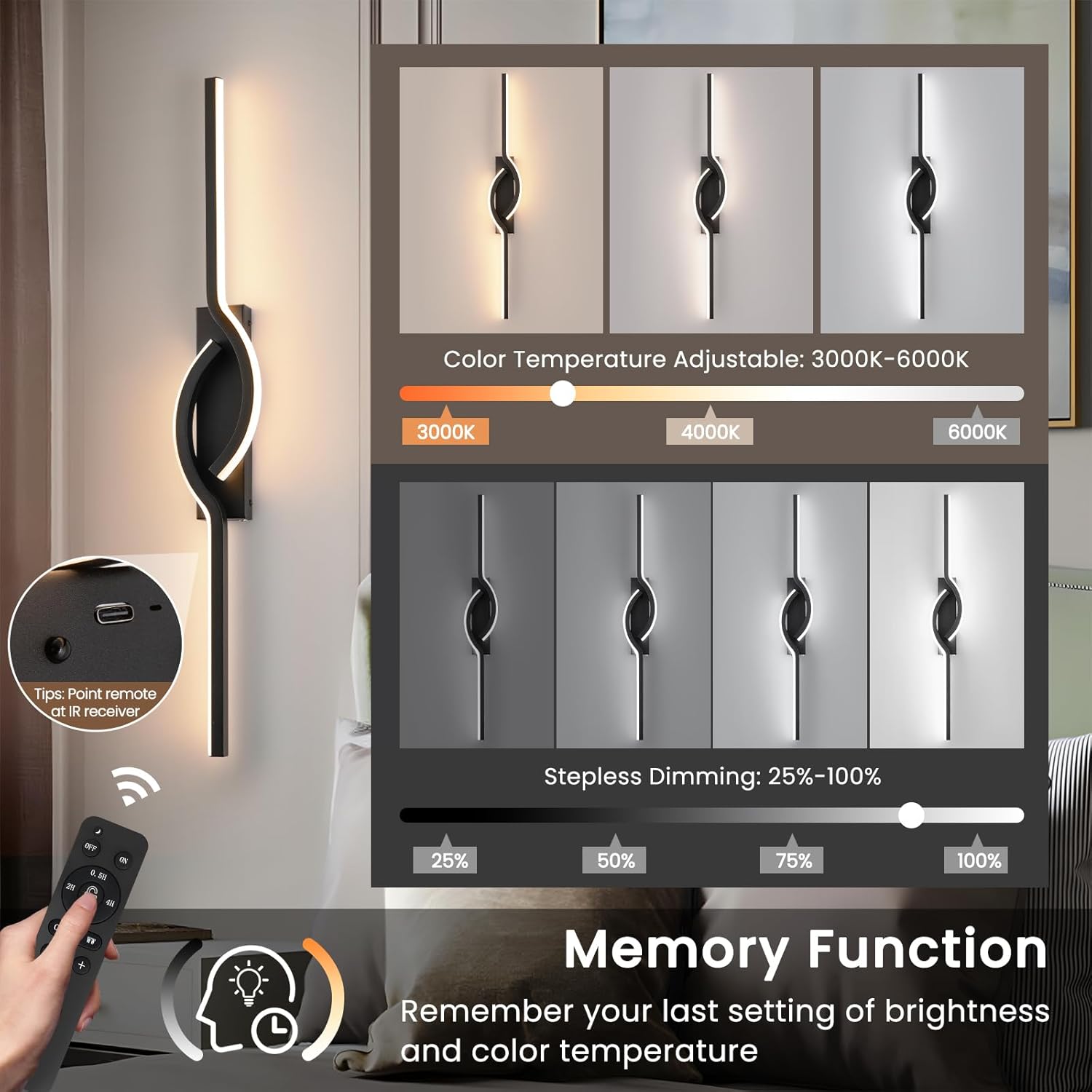 Modern Rechargeable Wall Sconces, Battery Operated Wall Sconces Set of Two, 3000K-6500K LED Wireless Wall Light, Black Modern Wall Lamp not Hardwired for Living Room Bedroom Hallway, etc