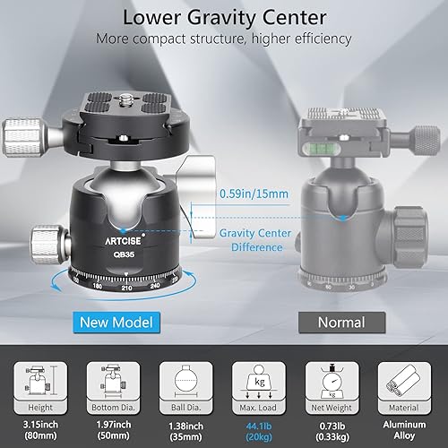 Miniatura 5 de Trípode compacto de fibra de carbono con cabezal de bola de perfil bajo de 1.378 in, soporte de cámara de viaje de carbono de 10 capas, monopie