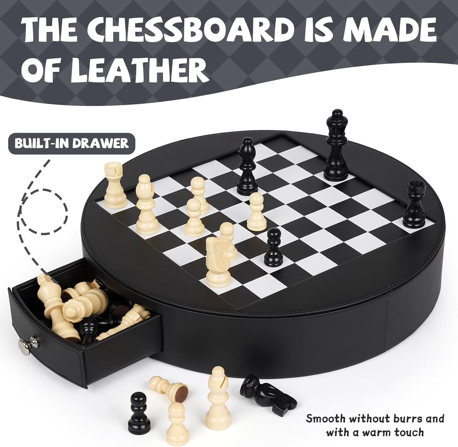 13-Inch Leather Chess Set with Wooden Chess Pieces,Portable Chess Board with Storage Drawer, Classic Strategy Board Game for Adults and Kids, Elegant Gift for Family and Friends