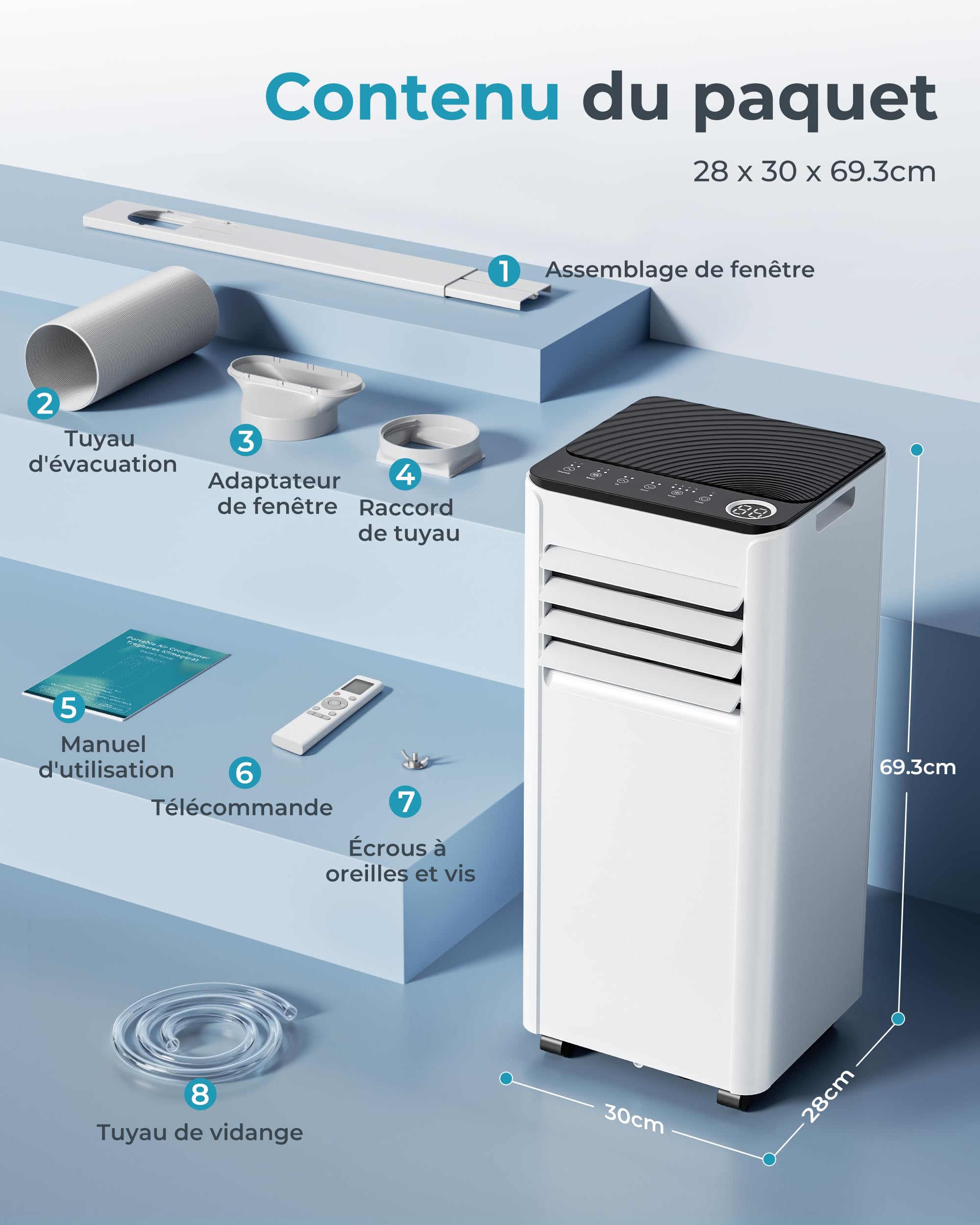 EUHOMY Climatiseur mobile 9000 BTU 2,6 kW (avec télécommande), climatiseur portable quatre en un, fonctionnement silencieux, écran LED, surface couverte 25 m², minuterie 24 heures
