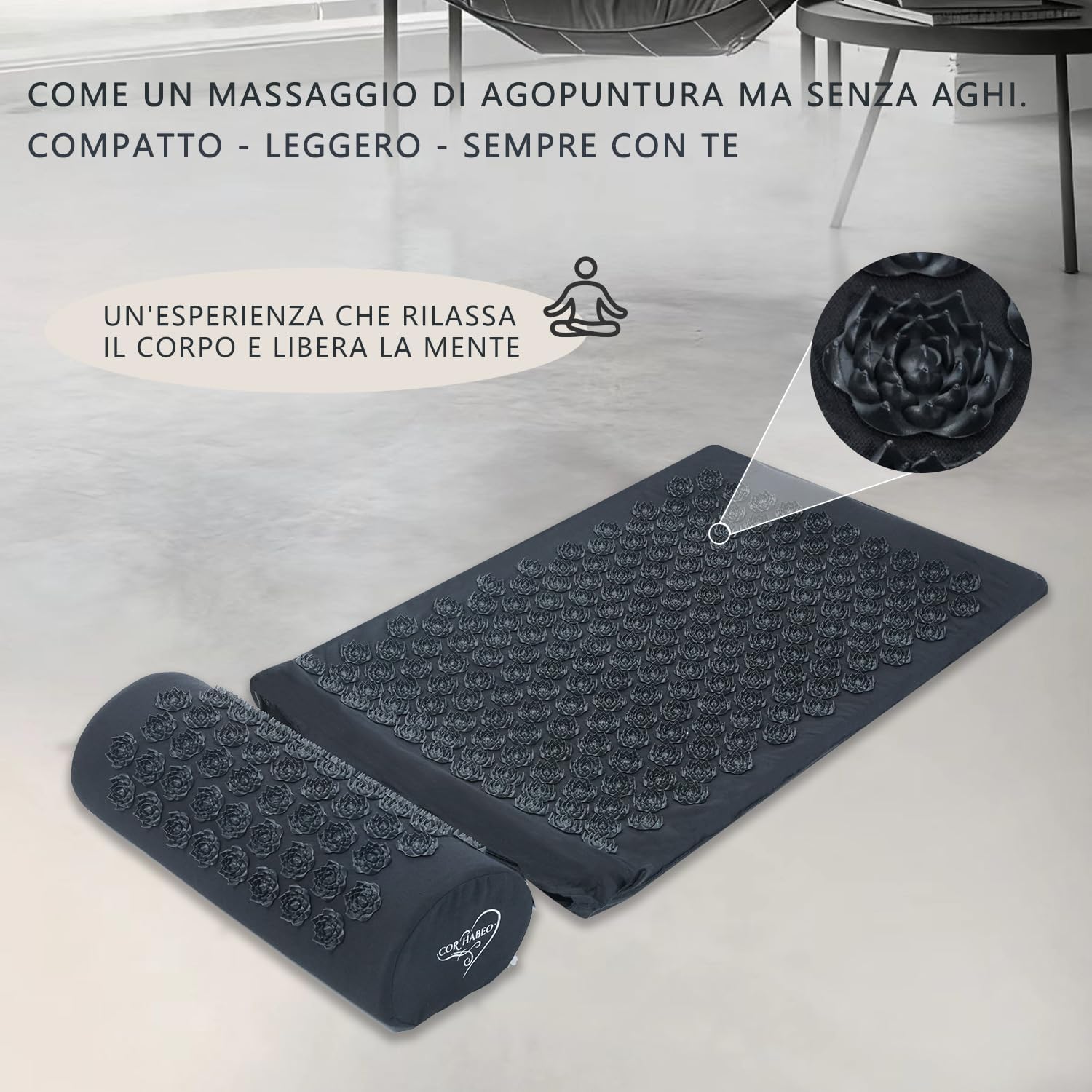 Corhabeo Tappetino Agopressione Fitness Pieghevole che Diventa Borsa a Tracolla con Guida Ebook QR Code - Aghi Fiore di Loto, Tappeto Massaggiante Corpo, Relax Mal di Schiena, 100% Cotone Biologico