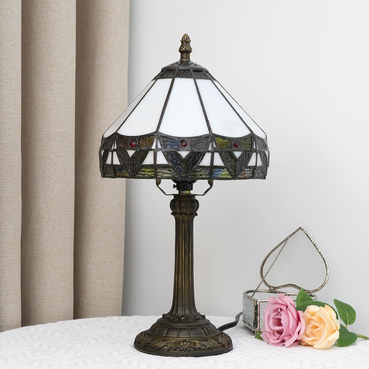 Tiffany Lamp Bedside Table Lamp-Nightstand,Stained Glass Lamp for Bedroom Dorm Living Kitchen, Aesthetic Cute Home Decor Gift,8 inch Rome