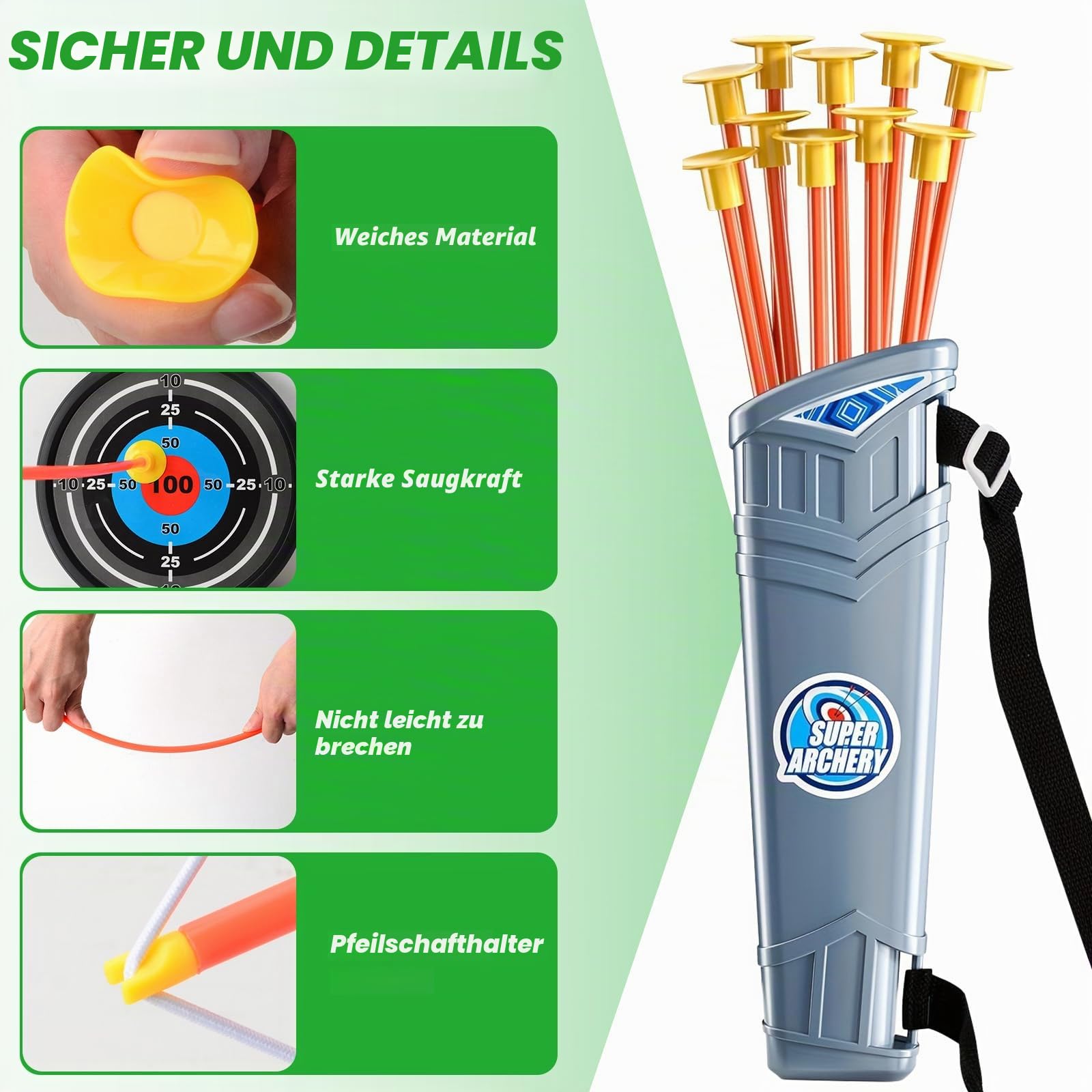 Pfeil und Bogen Kinder Set, Beleuchtetes Bogenschießen Spielset mit Bogen, Köcher, 10 Saugnapfpfeilen und Zielen, Outdoor Spiele für Kinder, Geschenk für Jungen und Mädchen ab 6 7 8 9 10 11 Jahren