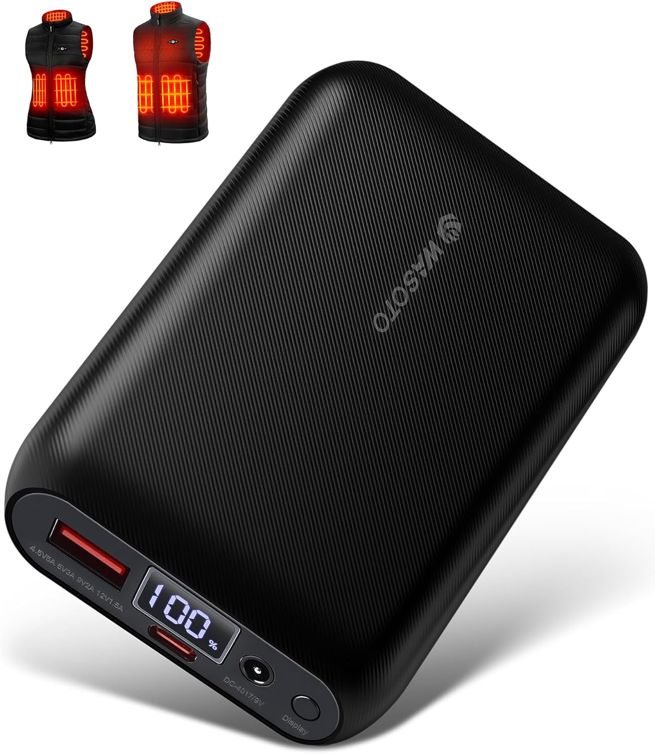 WASOTO Heated Vest Jacket Battery Pack 16000mAh 9V Output with LED Display, Rechargeable Power Bank with DC/Type-C/USB Supports PD3.0/PD2.0