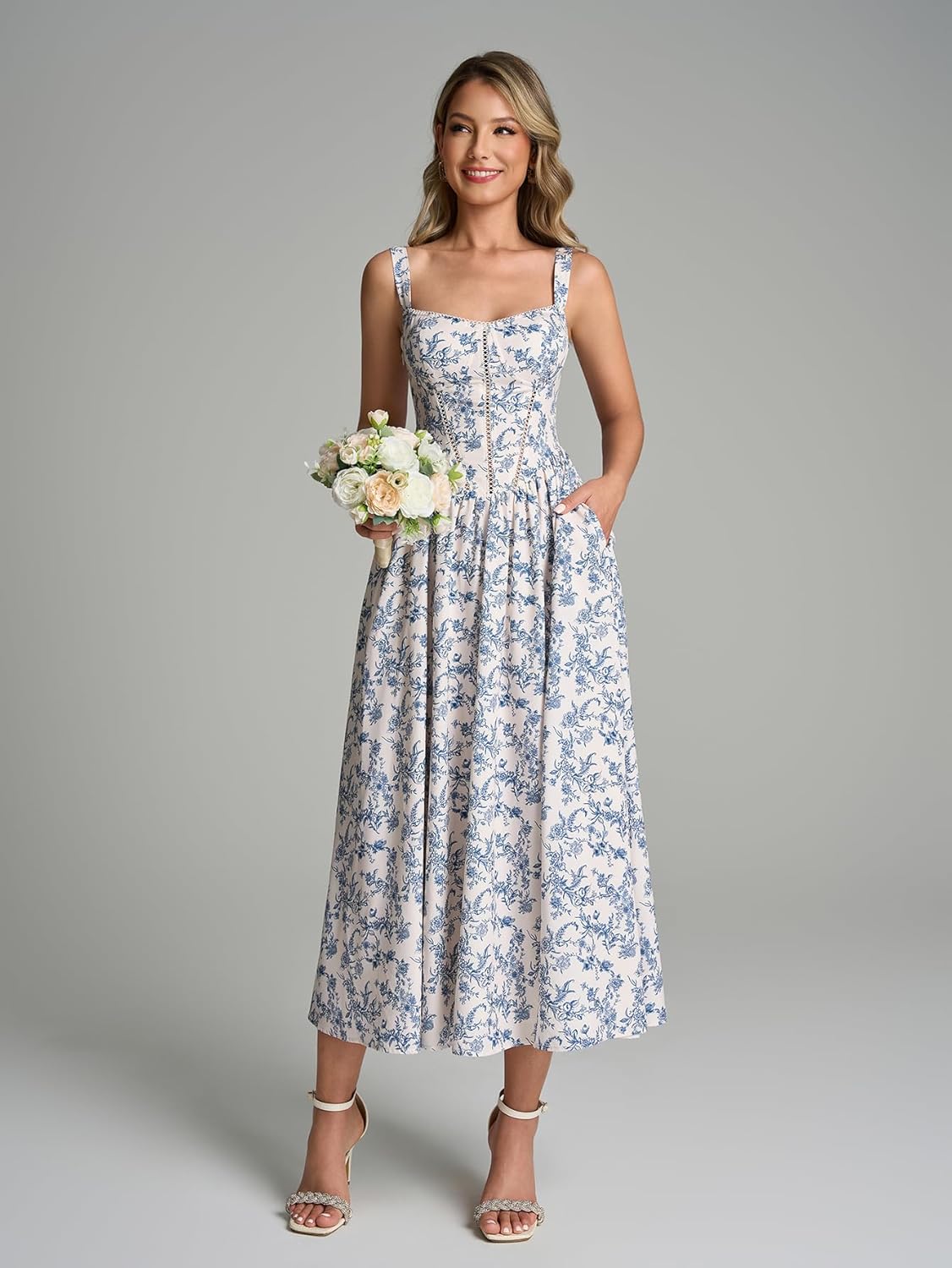 KUTUMAI Floral Corset Midi Dresses for Women Flowy Slit Lace Up Summer Tea Party Wedding Guest Dress with Pockets - Image 4