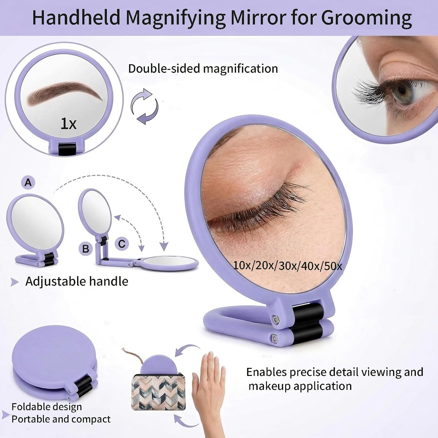 Handheld Magnifying Mirror Double Sided High Magnification 10X 15X 20X 30X 40X 50X, Foldable Travel Makeup Mirror,Adjustable Rotation Pedestal Hand, Handheld/Wall Mount/Tabletop (Purple, 50X)