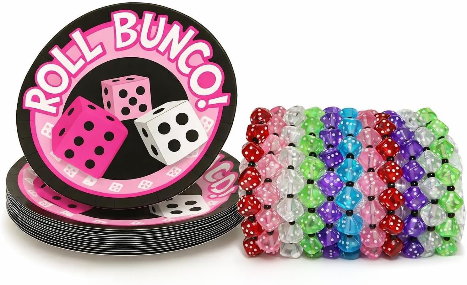 Bunco Party Plates & Dice Bracelet Bundle – 16 “Roll Bunco” Dessert Plates + 12 Colorful Dice Bead Bracelets – Bunco Night Decorations & Player Gifts for Bunco Parties, Girls’ Night, Game Night
