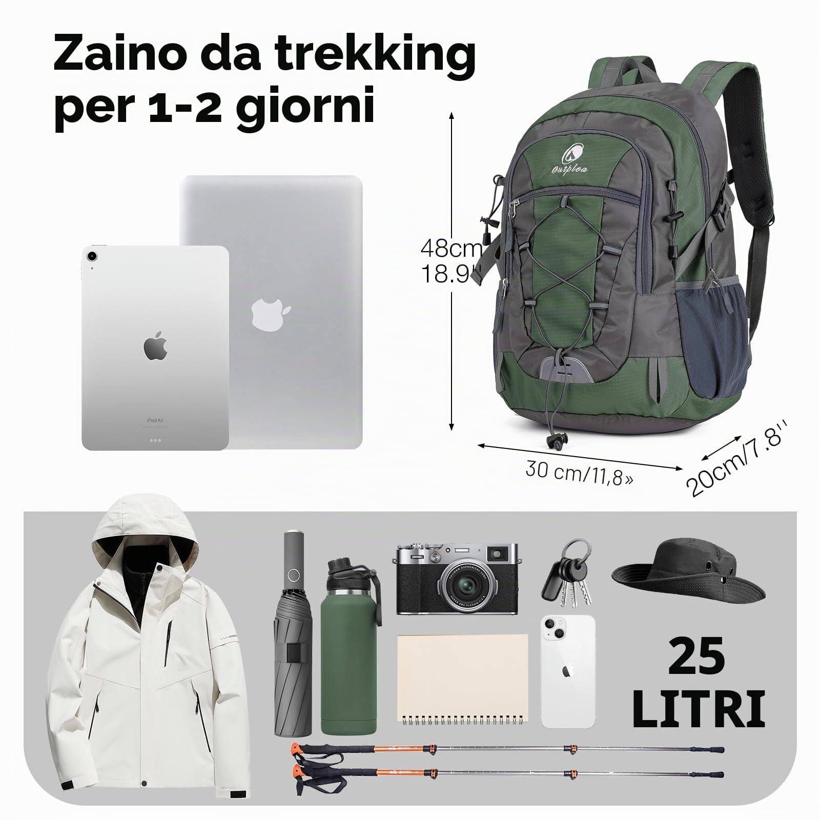 Zaino da trekking grande da 25 l, da uomo, leggero, da donna, impermeabile, da viaggio per il campeggio