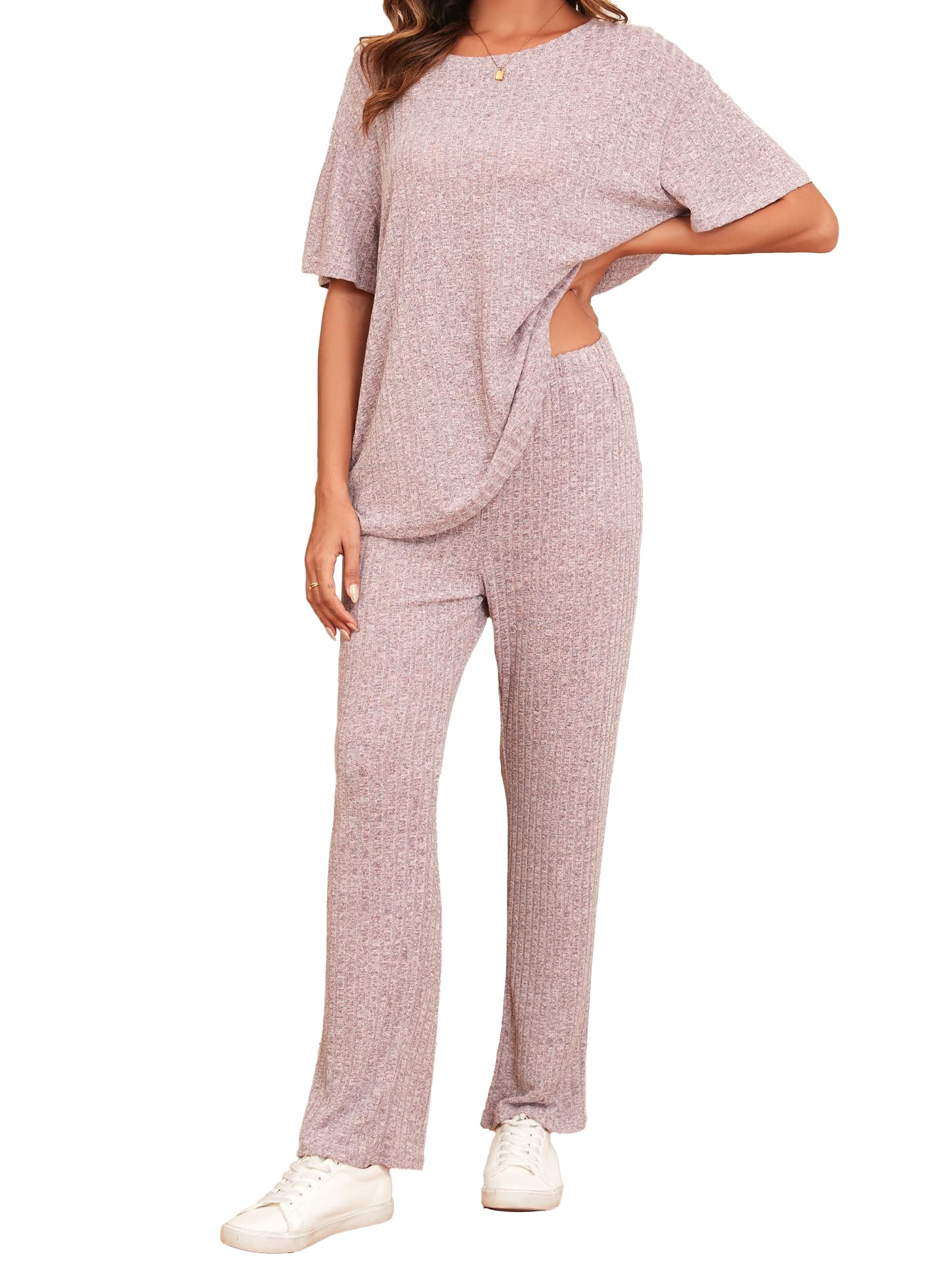 Famulily Schlafanzüge für Damen Sommer Kurzarm Loungewear Hausanzug Weites Bein Freizeitanzug Zweiteiler Set Outfit mit Taschen