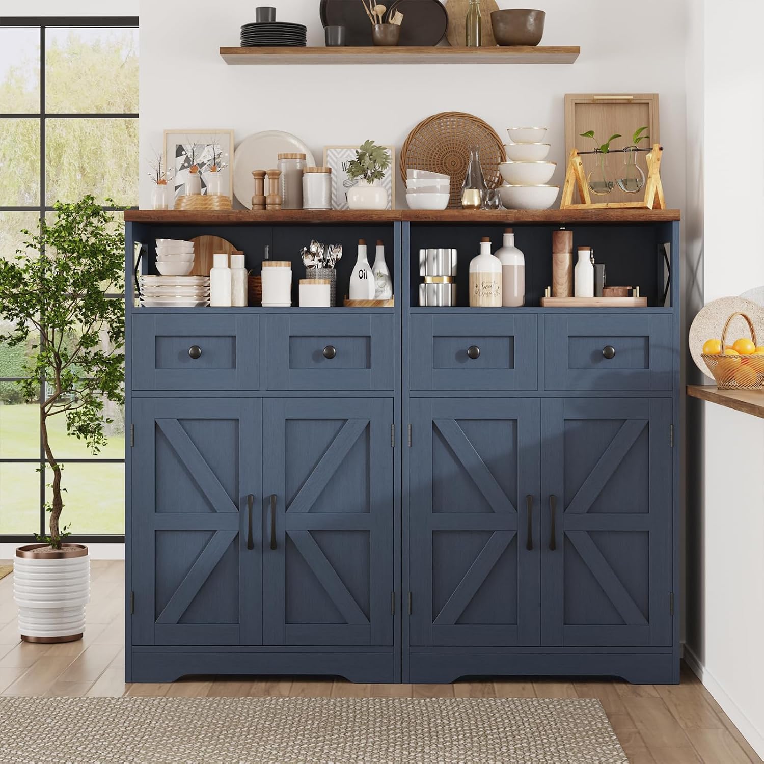 Farmhouse Storage Cabinet with Drawers, Small Kitchen Pantry Cabinet, Blue thumbnail