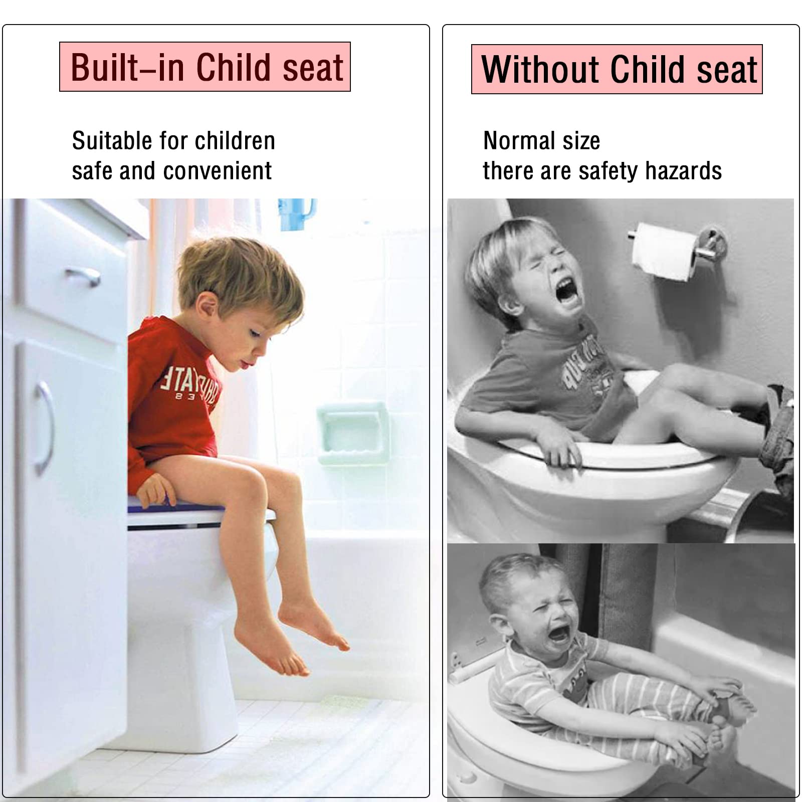 Sedile WC a forma di D con sedile per bambini integrato per imparare a usare il vasino, sedile per bambini con chiusura ammortizzata, sgancio rapido, rimovibile, igienico, compatibile con il Regno