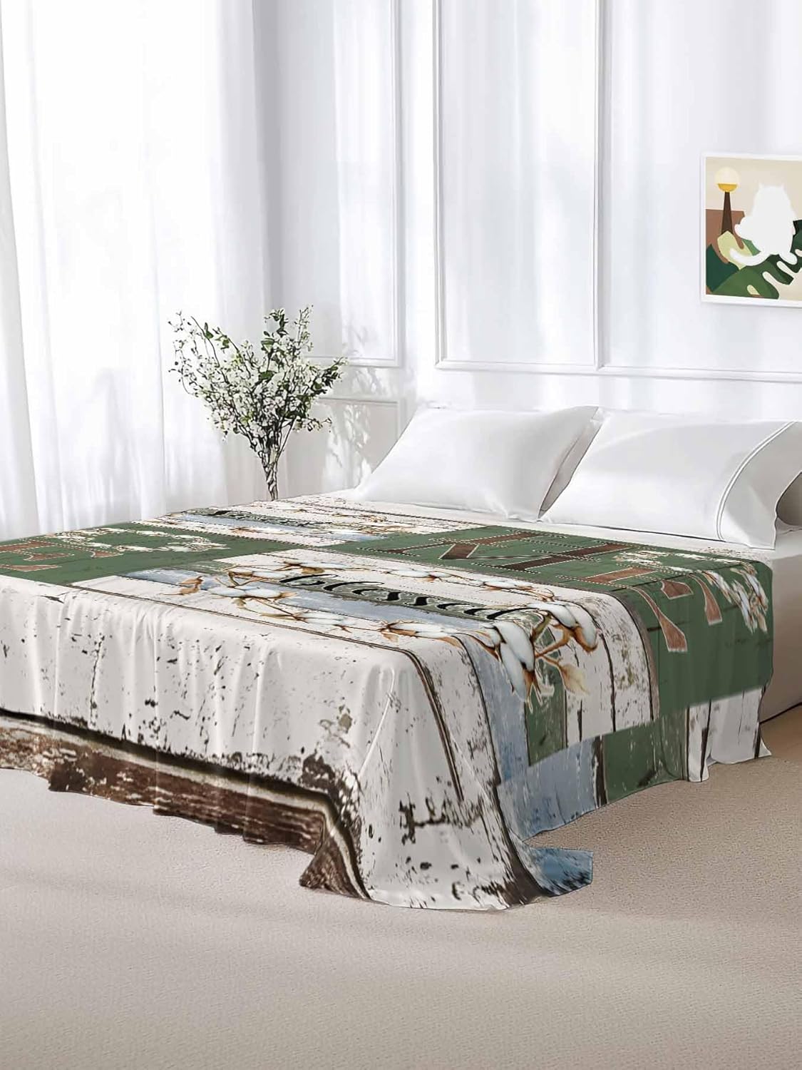 Top Sheet Full Bedding Flat Sheet Only, Home Love Words Microfiber Bed Sheets Soft Breathable Bedding Flat Sheets, Country Shabby Wood Board Hotel Luxury Top Sheets