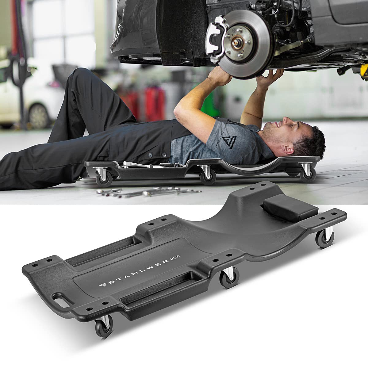 STAHLWERK XXL Kfz-Rollbrett RC-40 ST mit 500 kg Tragfähigkeit und 6 beweglichen Rollen, ergonomisches Montagerollbrett | Montageliege | Werkstattrollbrett | Werkstattliege aus robustem Kunststoff