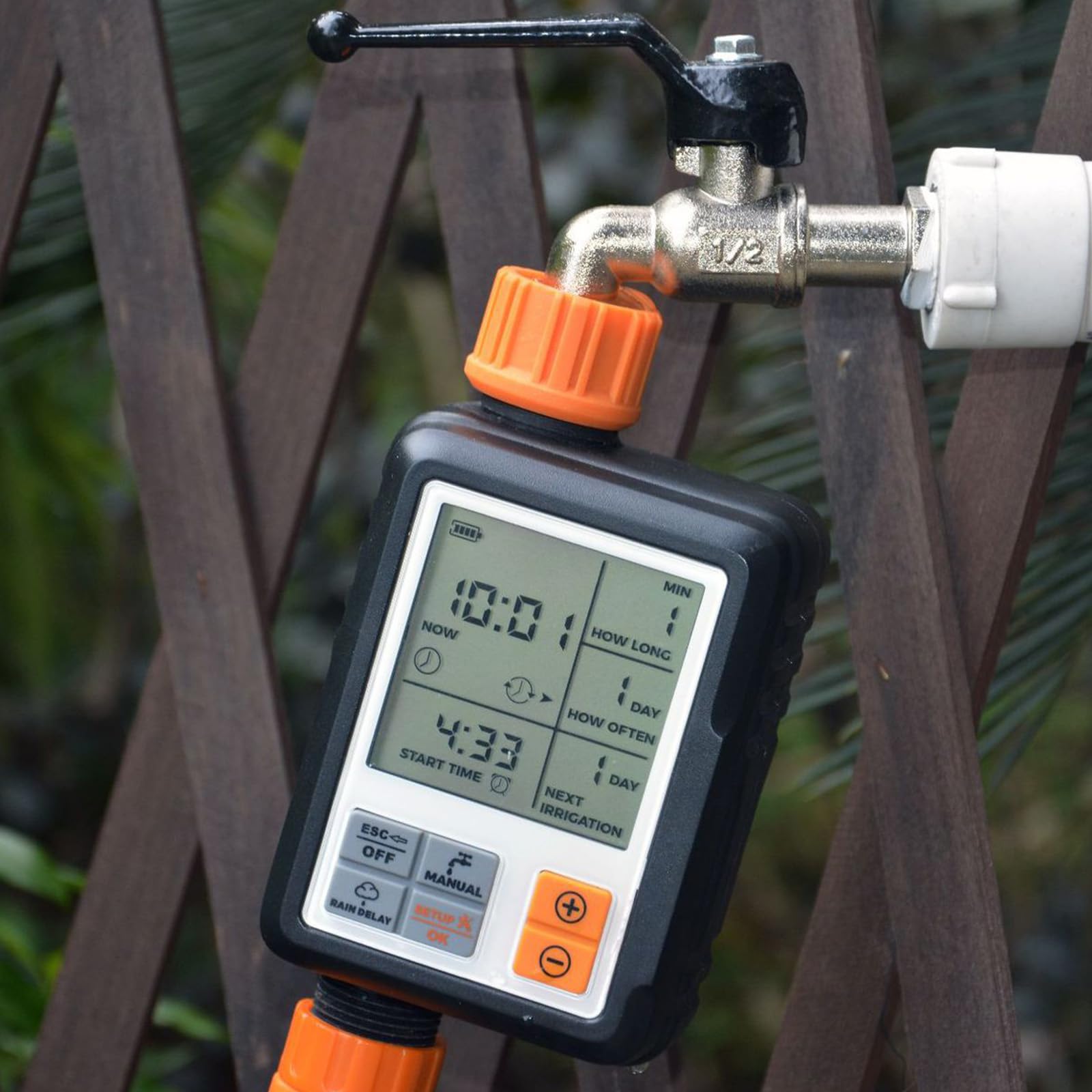 Greabuy Timer automatico per irrigazione delle piante con funzione di ritardo della pioggia, display LCD, alimentato a batteria, per interni ed esterni, irrigazione da giardino, attrezzi da
