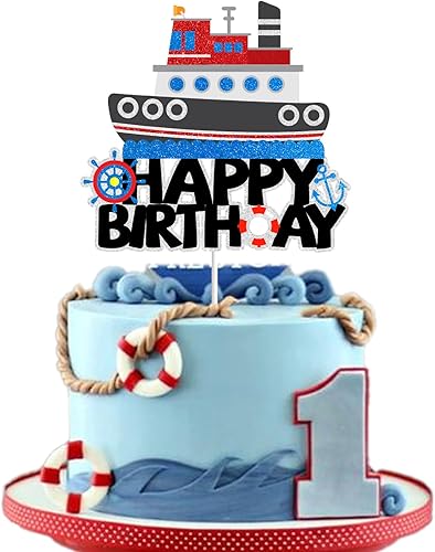 Miniatura 2 de Decoraciones de fiesta náutica para niños y niñas dibujos animados barco de yate feliz cumpleaños decoración de pastel de anclaje decoración de