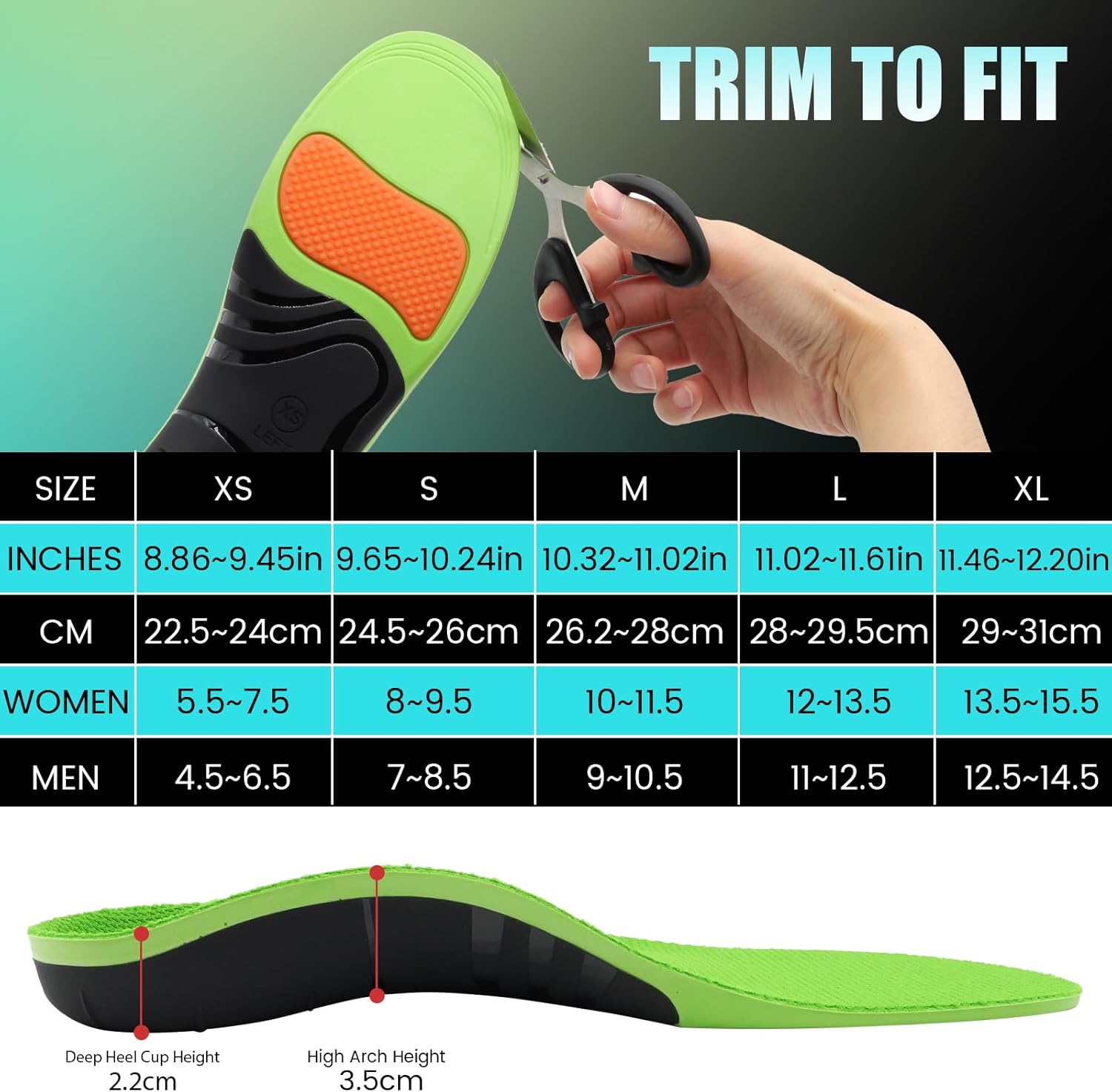 Plantar Fasciitis Insoles High Arch Support Insoles Pain Relief 250LB+ Flat Feet Orthotics Inserts Heavy Duty Support Shoe Insoles for Men and Women (XS(Men 4.5-6.5/Women 5.5-7.5), Green) - Image 6