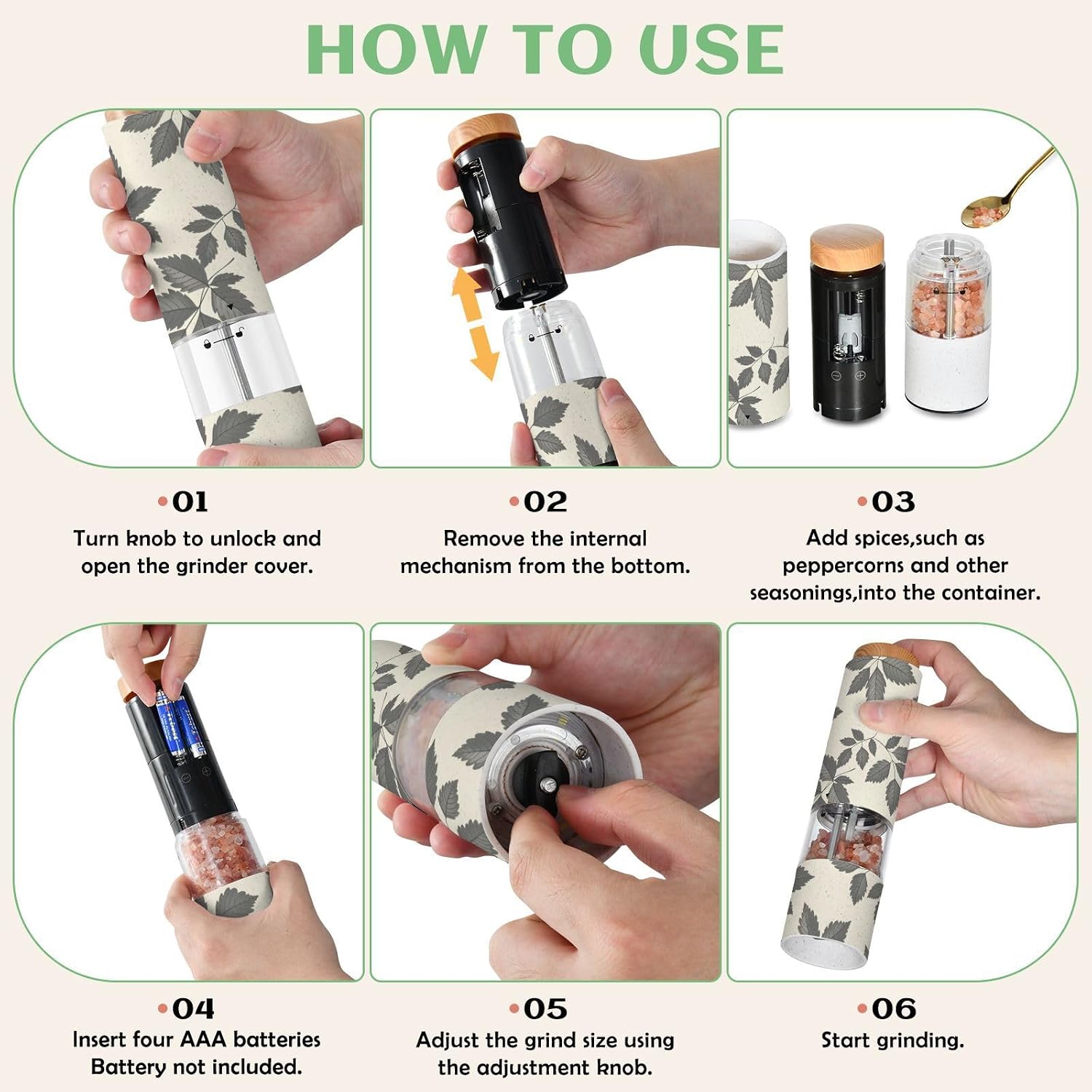 ALAZA Electric Pepper Grinder with Adjustable Coarseness, Beige Gray Leaves Pattern Battery Automatic Salt and Pepper Mill with Led, One-Handed Operation Spice Grinder for Kitchen, Camping & BBQ