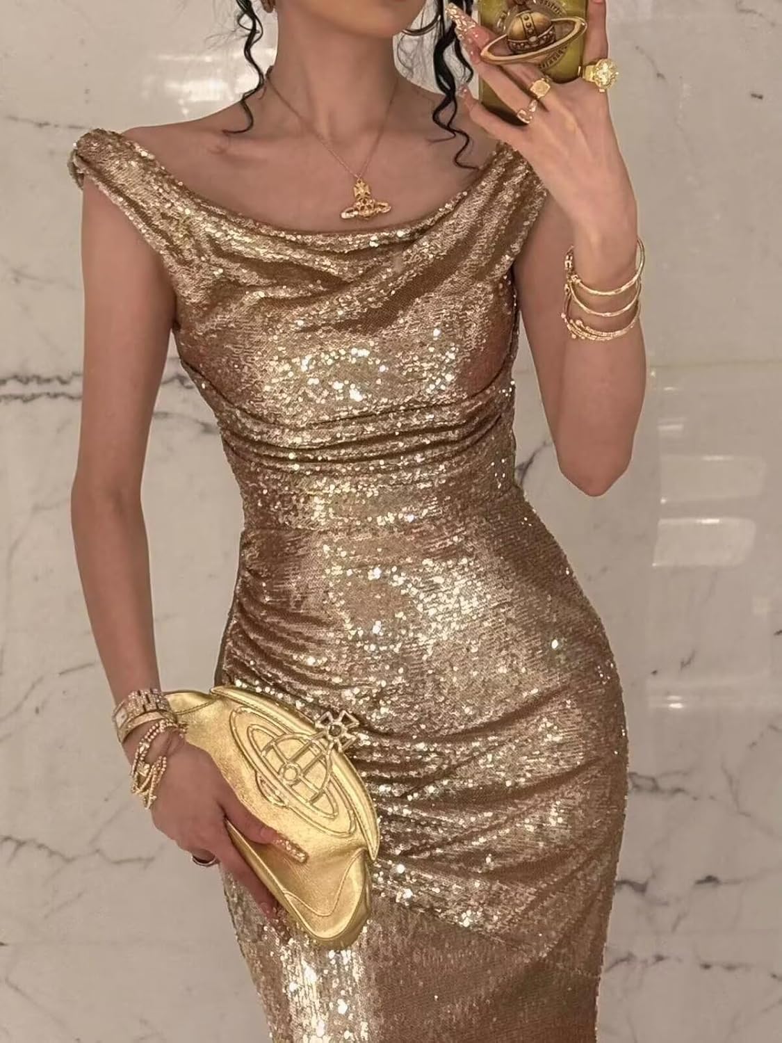 Sequin Prom Dresses for Women Off The Shoulder Mermaid Evening Dress Sparkly Long Ball Gown with Slit