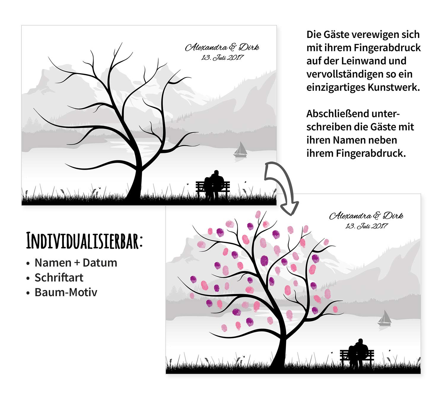 Wedding Tree Gästebuch Leinwand zur Hochzeit - Personalisiert - Fingerabdruckbaum Motiv Skyline See Berge Alpen