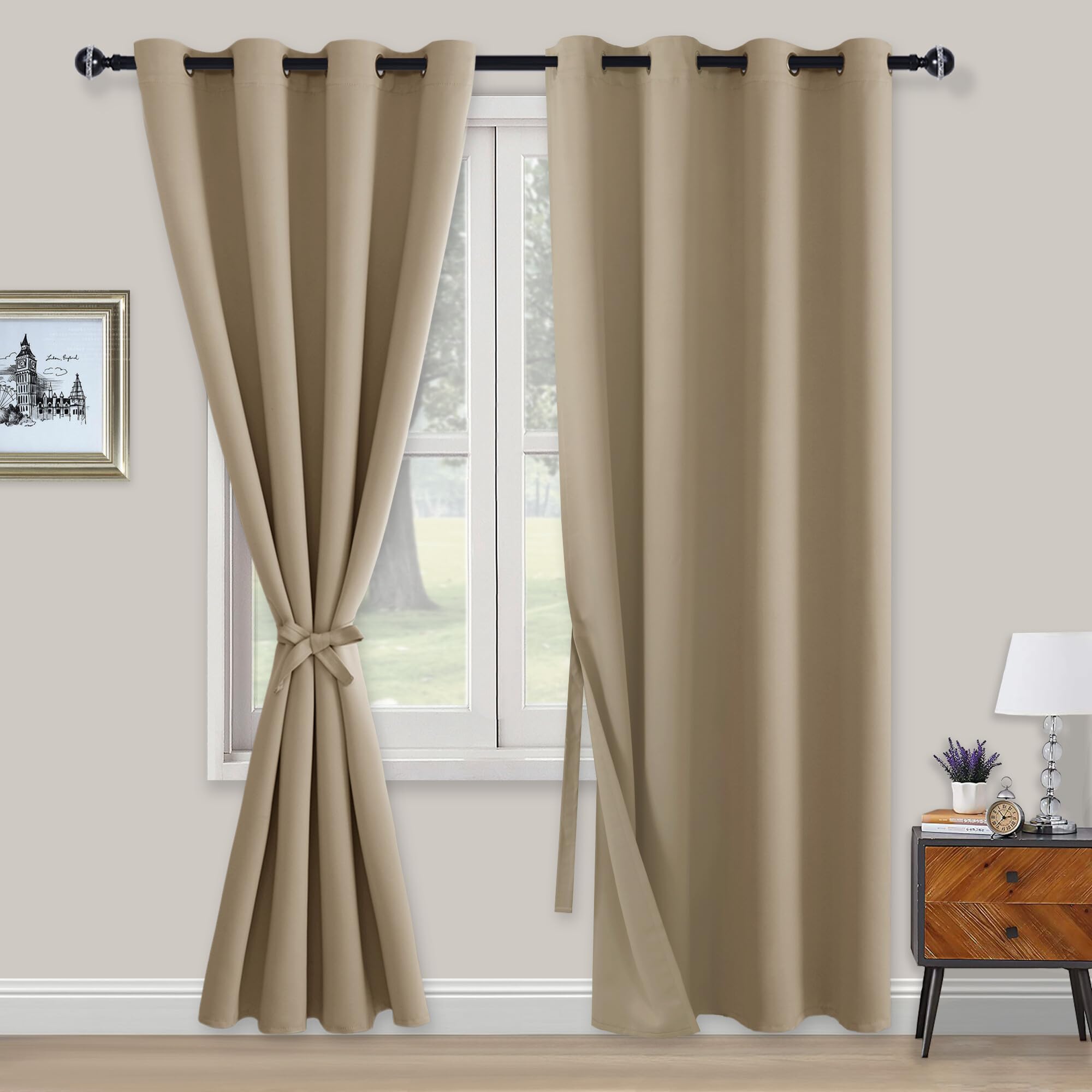 XWZO Blickdichte Vorhänge Verdunklungsvorhänge mit Ösen 2 Stücke Gardienen mit Raffhalter Lichtundurchlässige Vorhänge für Schlafzimmer,WonhzimmerBüro, 214x132 cm, Taupe