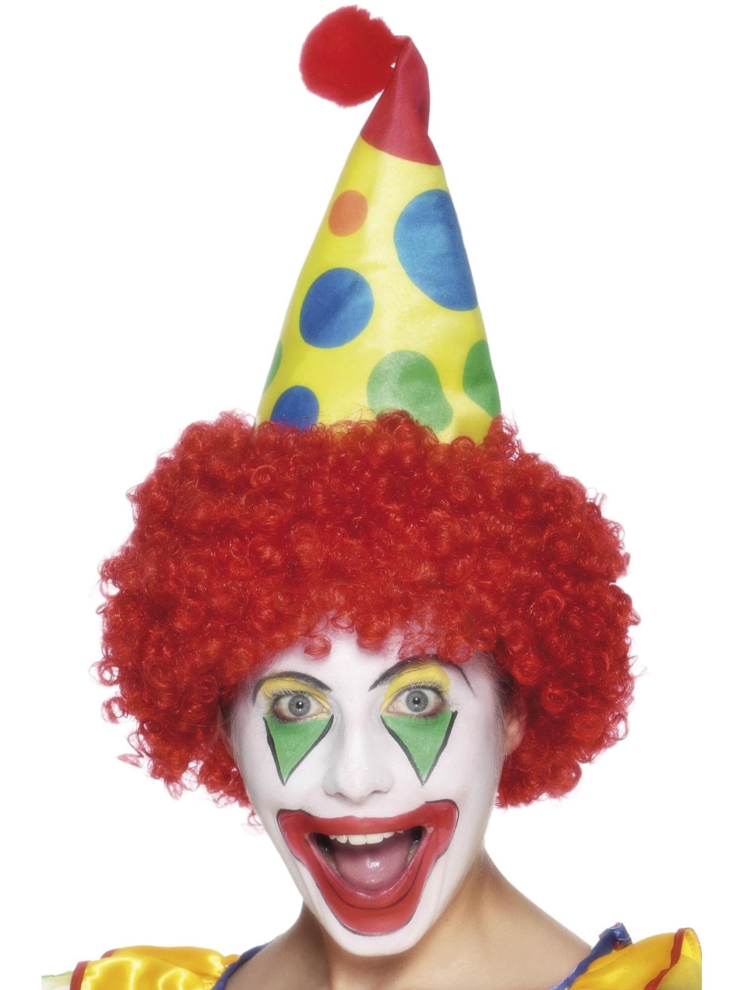 Smiffys Clown Hat, Red with Wig, Circus Fancy Dress, Clown Dress Up Hats