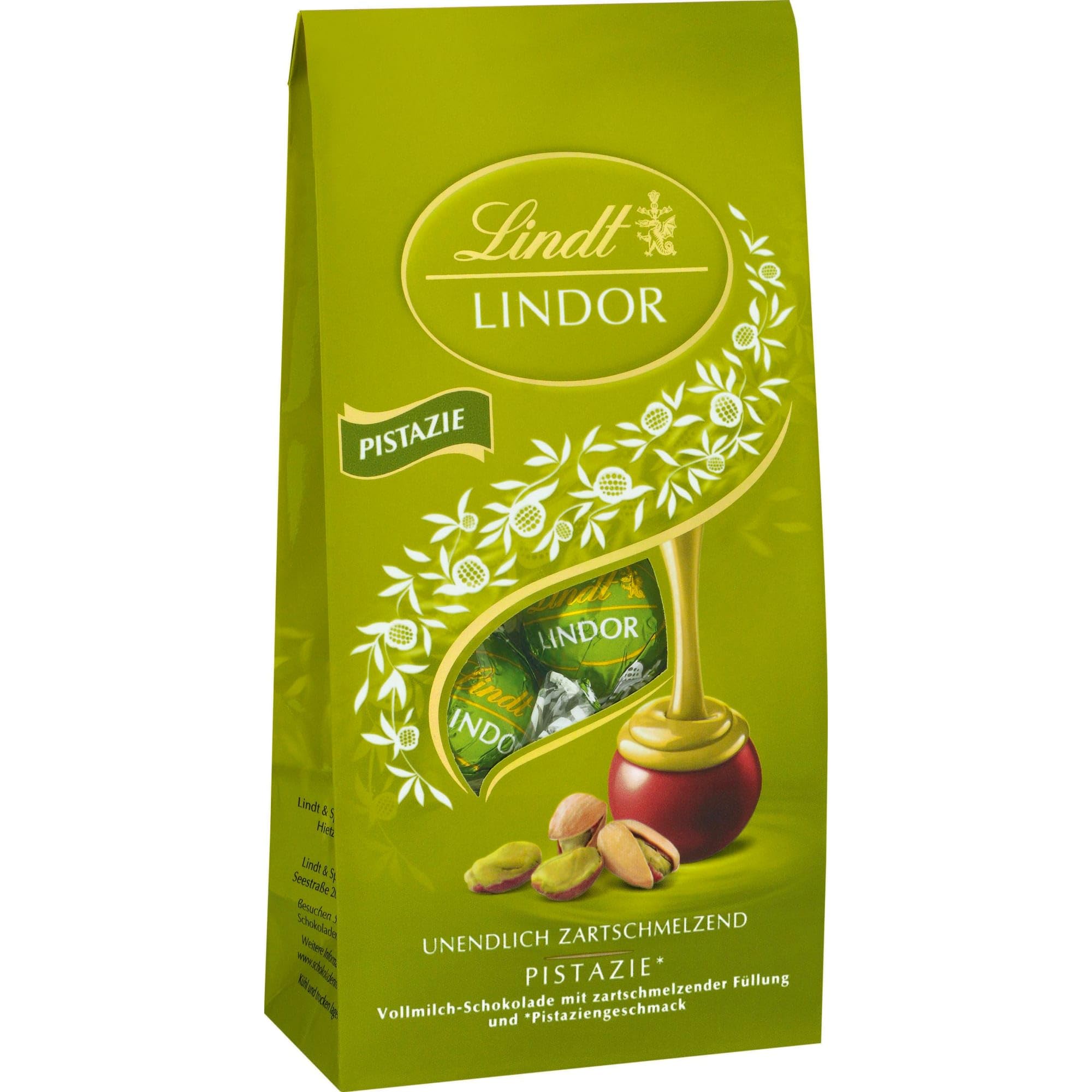 Lindt Schokolade | LINDOR Beutel Pistazie | 137g | 10 Kugeln in Vollmilch-Schokolade mit zartschmelzender Pistazien-Creme-Füllung | Schokoladen-Geschenk