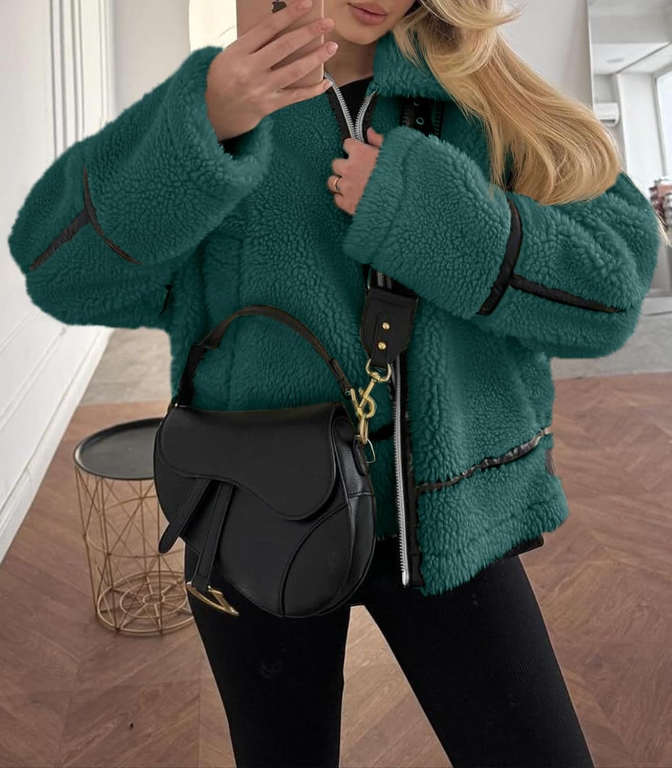 Tankaneo Womens Faux Fur Jackets Winter Trendy Sherpa Moto Leather Patchwork Zip Up Coat - Image 3