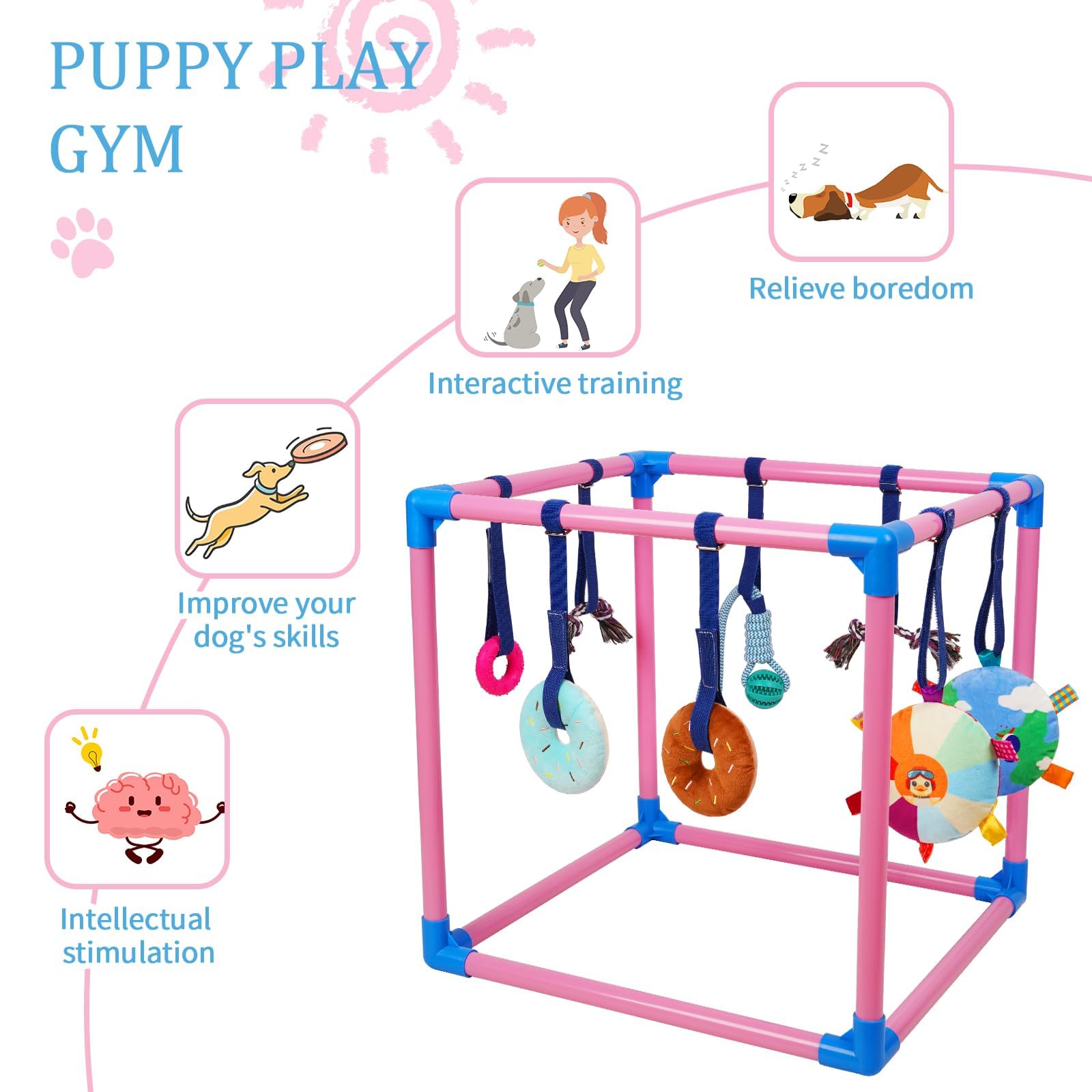Liitrton Welpenspielstudio – Spielstudio für kleine Hunde mit 8 hängenden Spielzeugen, Indoor-Welpen-Dschungel-Fitnessstudio mit interaktivem Hundespielzeug, 49,5 x 49,5 x 49,5 cm, PVC-Rahmen (Rosa) | 49,5 x 49,5 x 49,5 cm PVC-Rahmen, Indoor-Welpen-Dschun