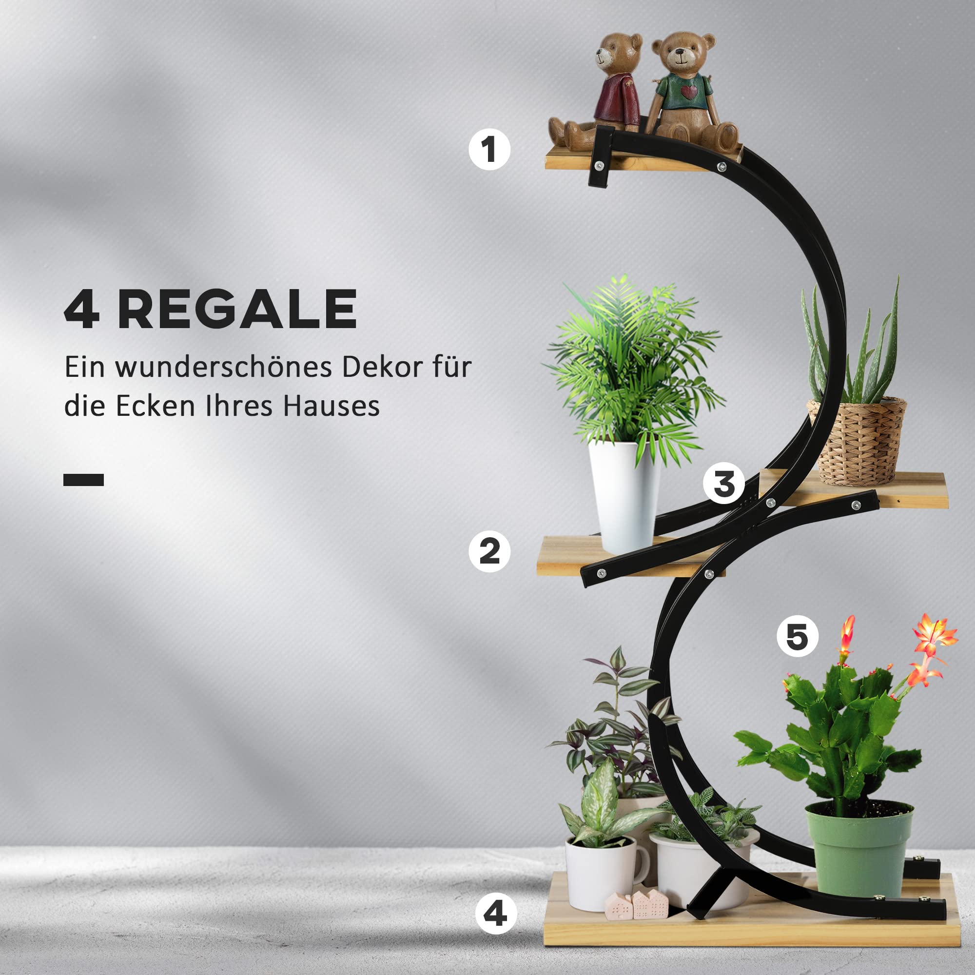 Outsunny 4-Etagen Pflanzenständer S-Förmig Blumenständer 91cm Schwarz | Pflanzenregal aus Metall Holz, Blumenregal, Blumentopfständer, Wohnzimmer, Garten, Balkon