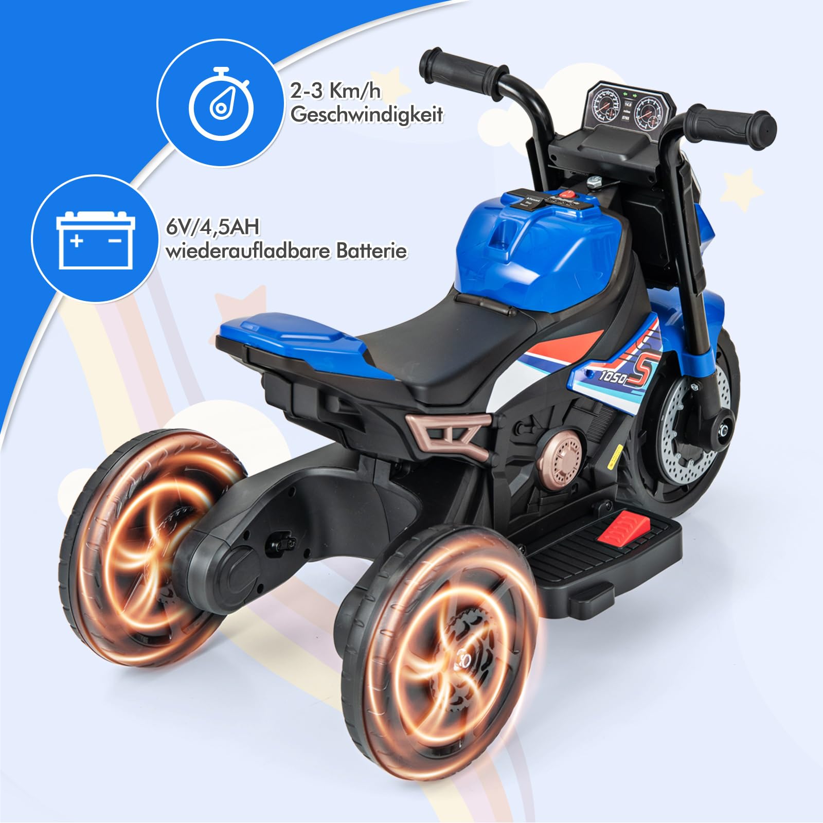 COSTWAY Elektro Motorrad Kinder, Elektromotorrad mit abnehmbaren Stützrädern & Scheinwerfer & Musik & Hupe, 2-3 km/h Motorrad Elektro für Kinder von 18-36 Monaten (Blau)
