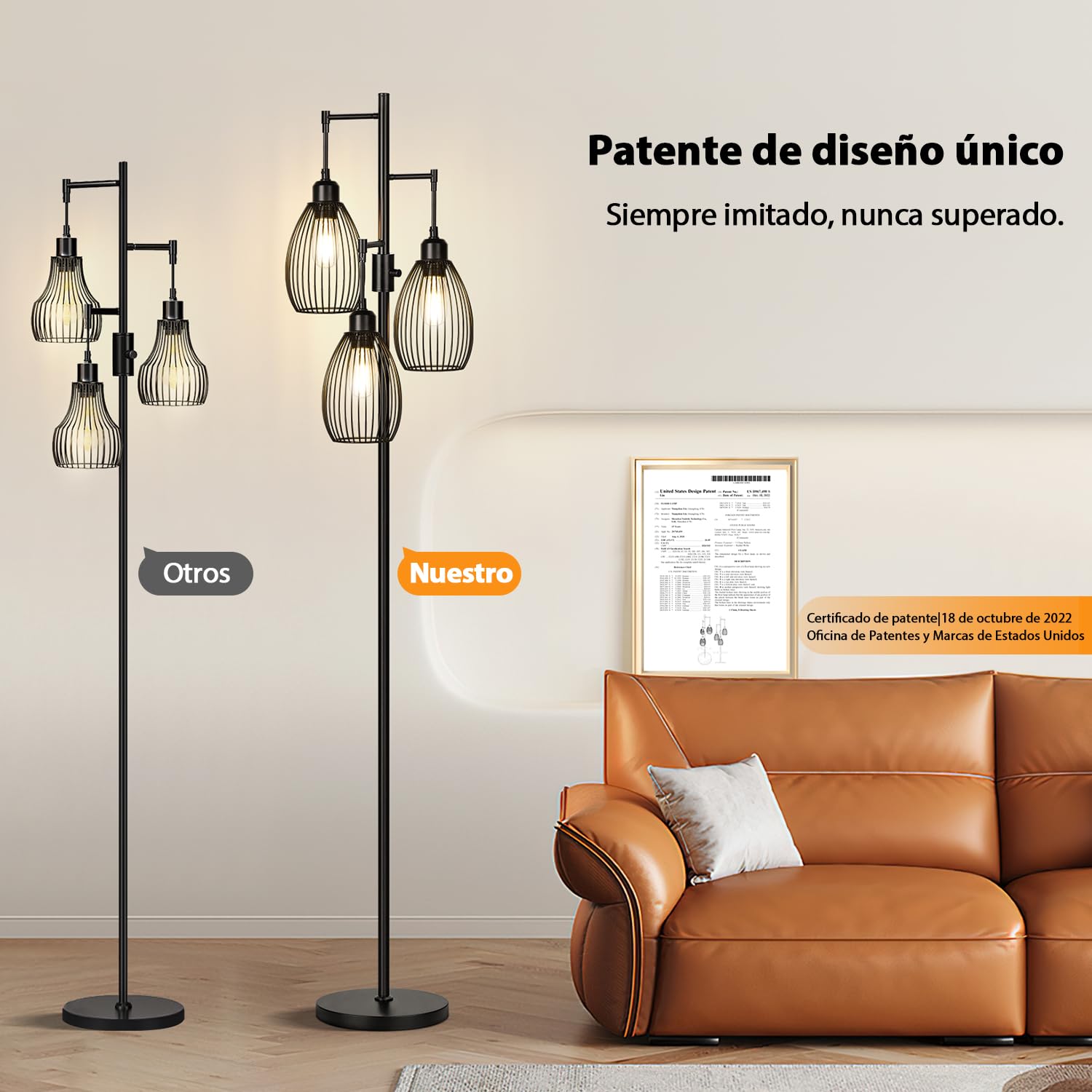 Nintiue Lampara de pie regulable, 3 bombillas LED de 800 lm incluida, lámpara de pie industrial de granja, con elegante jaula en forma de lágrima, Lamparas de pie salon para dormitorio y oficina