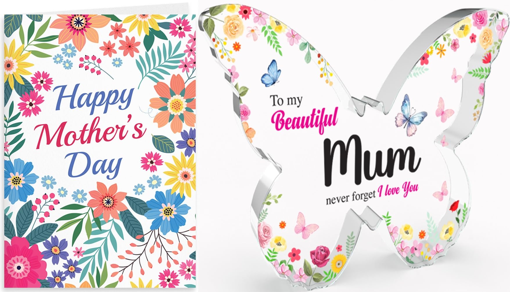 Butterfly Shaped Gifts for Mum Paper Weight Plague Mother Days Decor Birthday Presents Keepsake Clear Acrylic 10 X 10CM and Floral Card